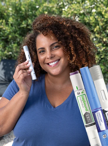 A woman smiling with blue weight loss pen